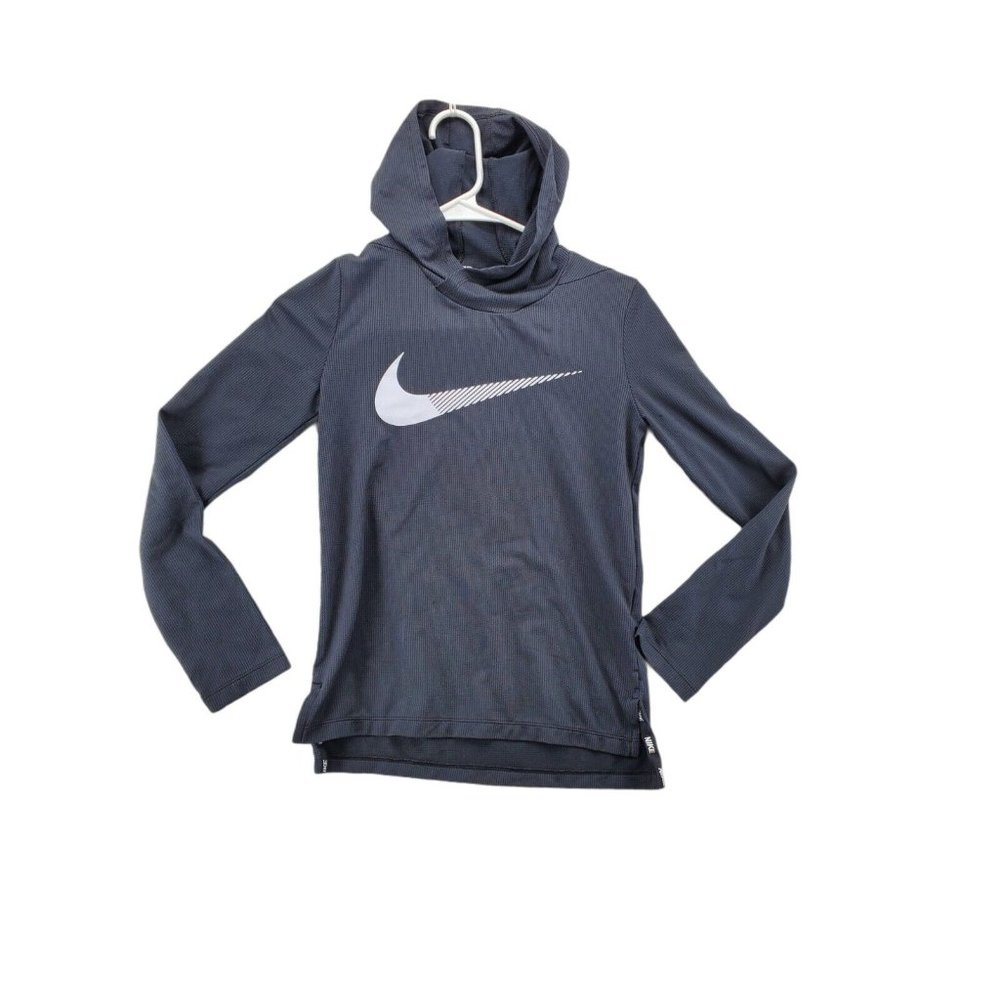 NIKE Dri Fit Shirt Unisex Kids Long Sleeve Hooded High Neck Pullover Black Med. - Picture 1 of 7
